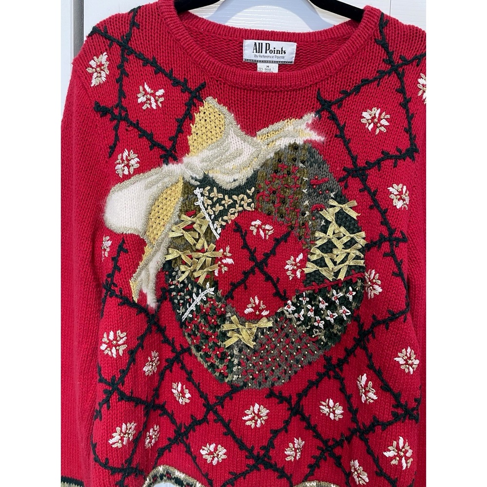 Vtg All Points Womens Holiday‎ Wreath Sweater Size M Chunky Knit Art to Wear 90s - Picture 3 of 14